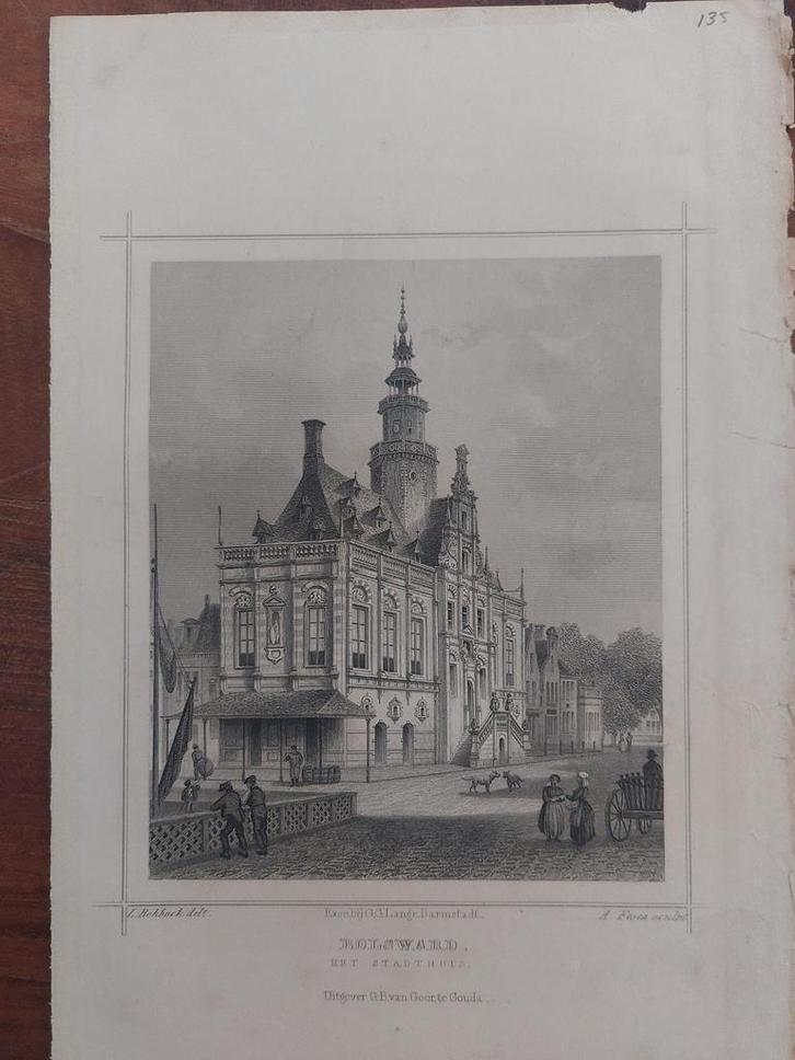 135 / Bolsward - staalgravure van Terwen uit 1860, Antiek en Kunst, Kunst | Etsen en Gravures, Ophalen of Verzenden