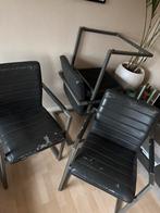 4 zwart leren stoelen met ijzeren buis frame, Huis en Inrichting, Stoelen, Ophalen, Gebruikt, Zwart, Leer