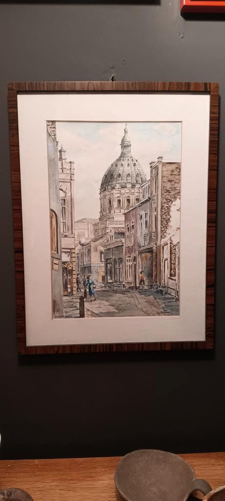 Ingekleurde gouache, basiliek "Oudenbosch" pallisander lijst, Antiek en Kunst, Kunst | Tekeningen en Foto's, Ophalen of Verzenden