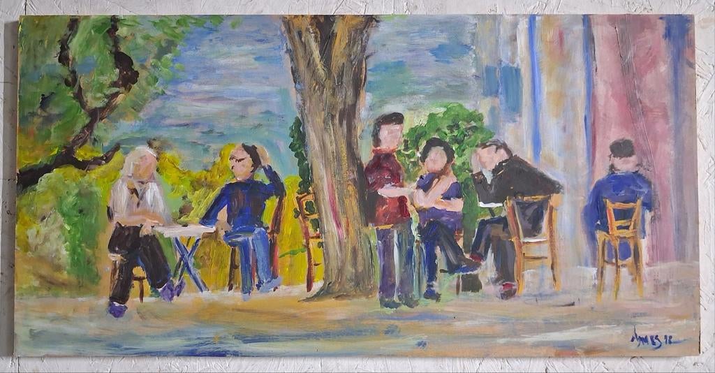 Schilderij van mensen in een Frans park, Ophalen of Verzenden