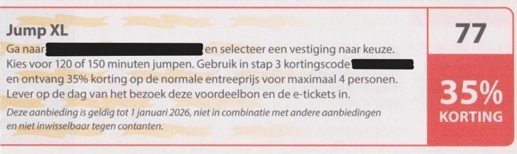 Jump XL. 35% korting. Postcodeloterij voordeelbon nr 77., Tickets en Kaartjes, Recreatie | Pretparken en Attractieparken, Drie personen of meer