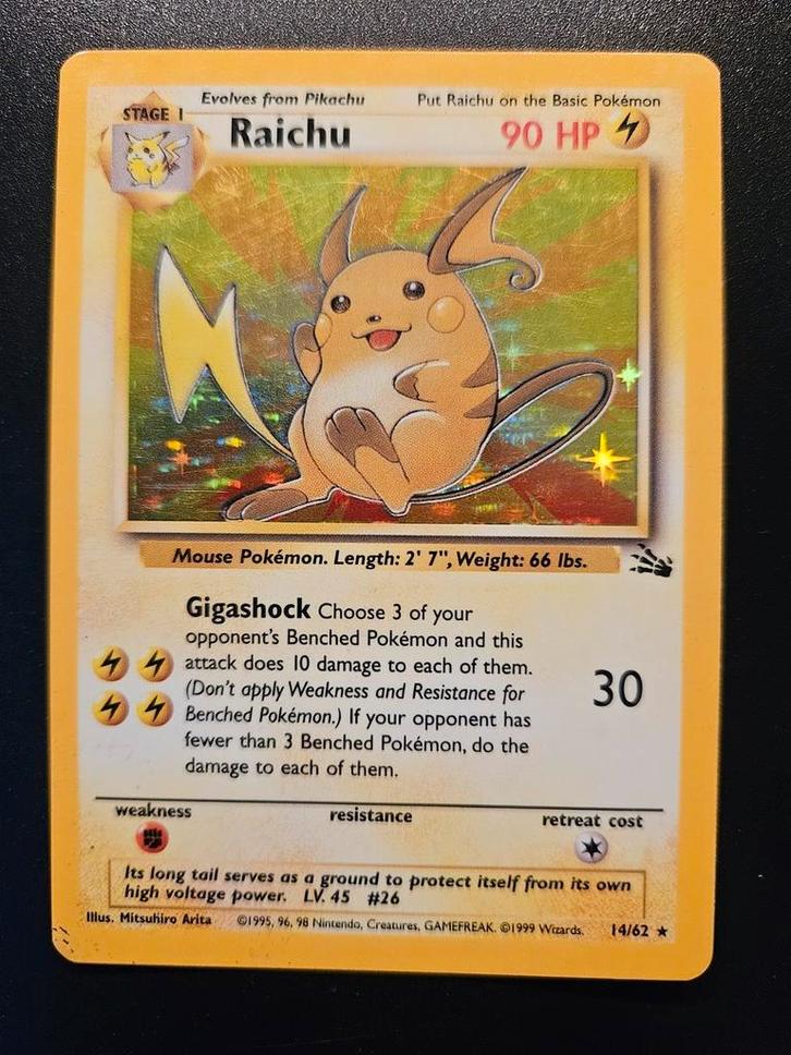 Raichu holo fossil 14/62, Hobby en Vrije tijd, Verzamelkaartspellen | Pokémon, Gebruikt, Losse kaart, Foil, Ophalen of Verzenden
