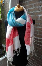 Creme-witte grote sjaal * rode en blauwe banen 60 x 172 cm, Kleding | Dames, Mutsen, Sjaals en Handschoenen, Sjaal, Zo goed als nieuw