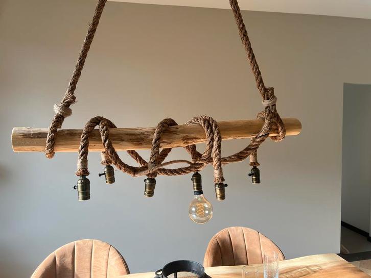 Touwlamp boomstam robinia hout, Huis en Inrichting, Lampen | Hanglampen, Zo goed als nieuw, 75 cm of meer, Hout, Ophalen