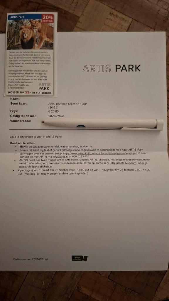 Artis E-ticket + voordeelbon (20% korting max 4 pp), Tickets en Kaartjes, Recreatie | Dierentuinen, Drie personen of meer, Ticket of Toegangskaart