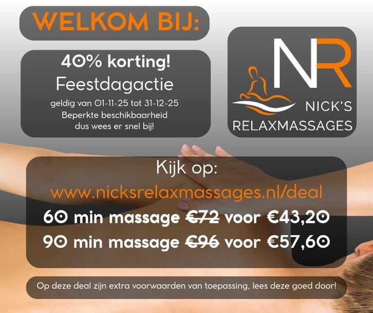 Massage 60 en 90 min tijdelijk 40% korting, Diensten en Vakmensen, Welzijn | Masseurs en Massagesalons, Bedrijfsmassage, Ontspanningsmassage