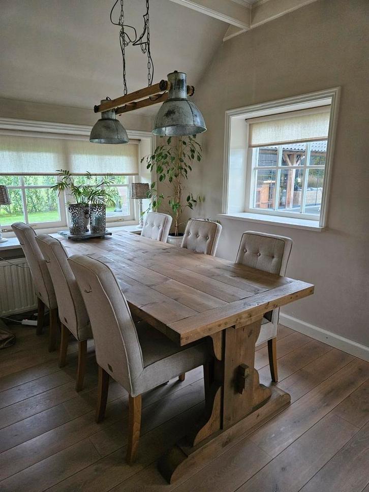 Set: eettafel met 6 Riviera Maison stoelen, Huis en Inrichting, Tafels | Eettafels, Gebruikt, 50 tot 100 cm, 200 cm of meer, Vijf personen of meer