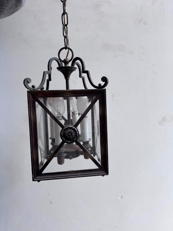 Gratis ophalen - Antieke plafondlamp met krulmotief, glas, Huis en Inrichting, Lampen | Hanglampen, Gebruikt, Minder dan 50 cm