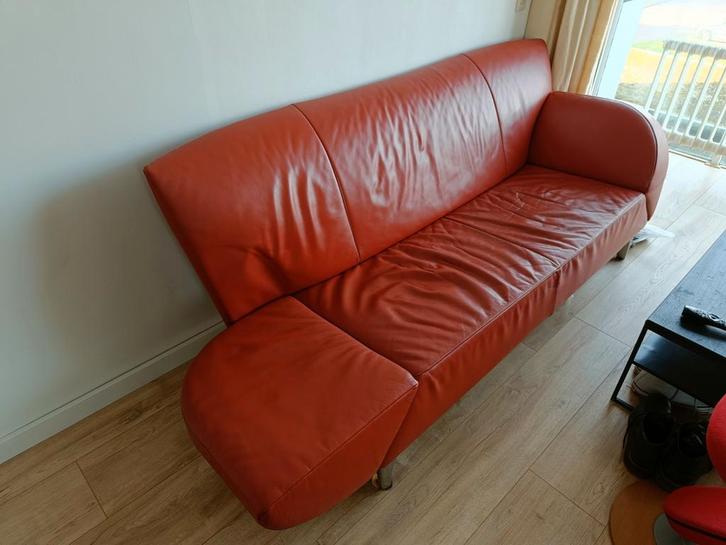Jori oranje leren bank, Huis en Inrichting, Banken | Bankstellen, Gebruikt, Rechte bank, Driepersoons, 200 tot 250 cm, 75 tot 100 cm