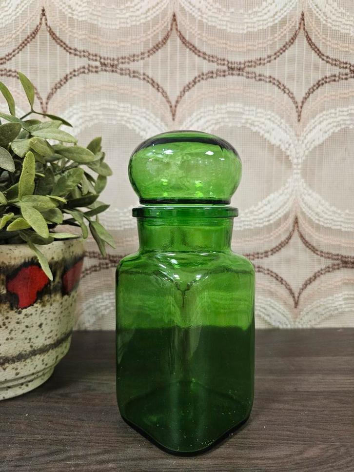 Vintage groene glazen pot apothekerspot retro stolpfles, Huis en Inrichting, Woonaccessoires | Schalen en Manden, Zo goed als nieuw