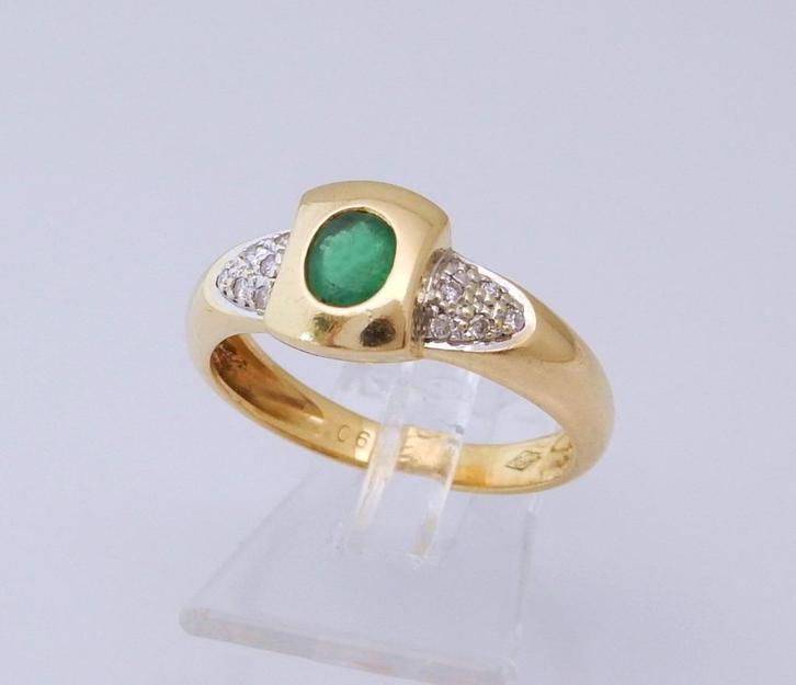 18 karaat Gouden Ring Damesring 12 Diamanten en Smaragd, Sieraden, Tassen en Uiterlijk, Ringen, Nieuw, Dame, 17 tot 18, Goud, Goud