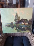 Schilderij: Landschap met huis aan het water, Antiek en Kunst, Kunst | Schilderijen | Klassiek, Ophalen of Verzenden