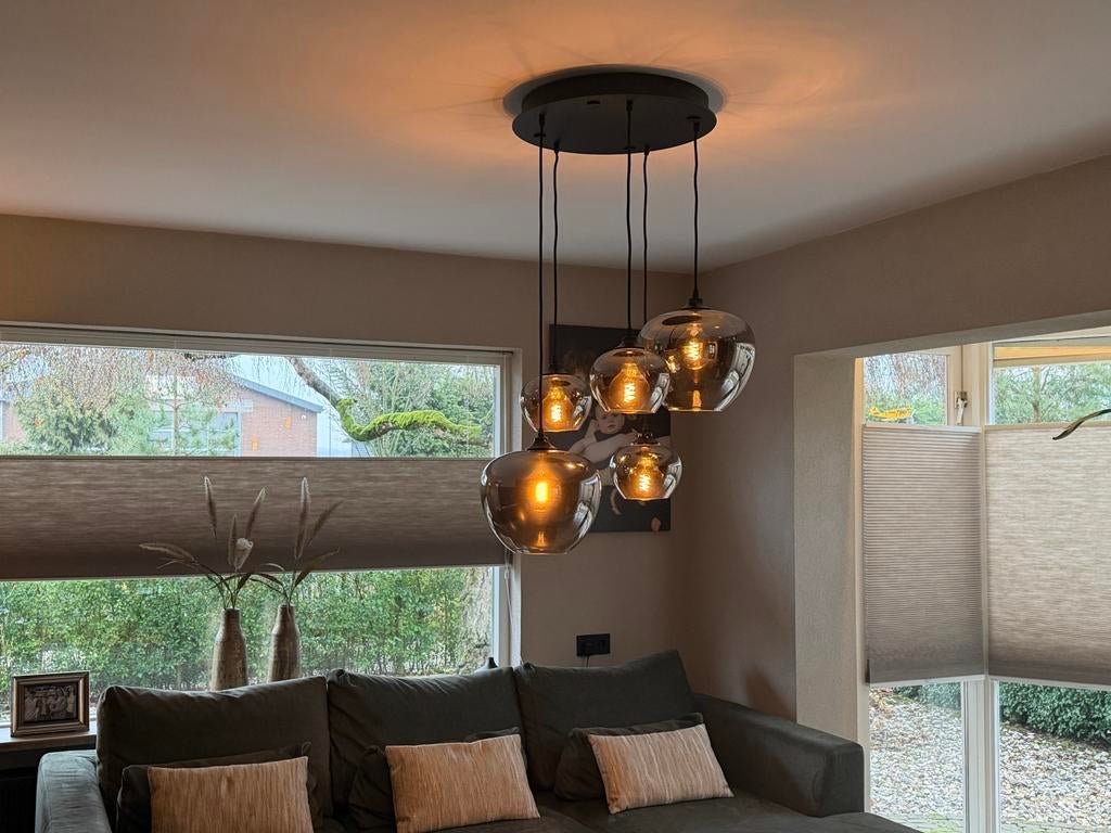 Looiershuis design hanglamp met 5 glazen bollen, Huis en Inrichting, Ophalen, Zo goed als nieuw, Glas, 75 cm of meer