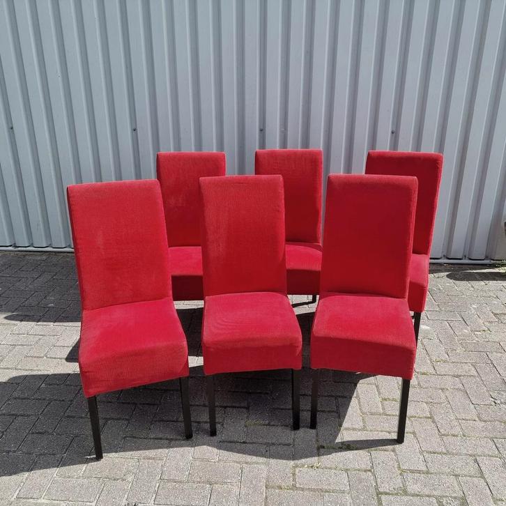 Set van 6 Rode Corduroy Eetkamerstoelen, Huis en Inrichting, Stoelen, Gebruikt, Vijf, Zes of meer stoelen, Hout, Stof, Rood, Ophalen