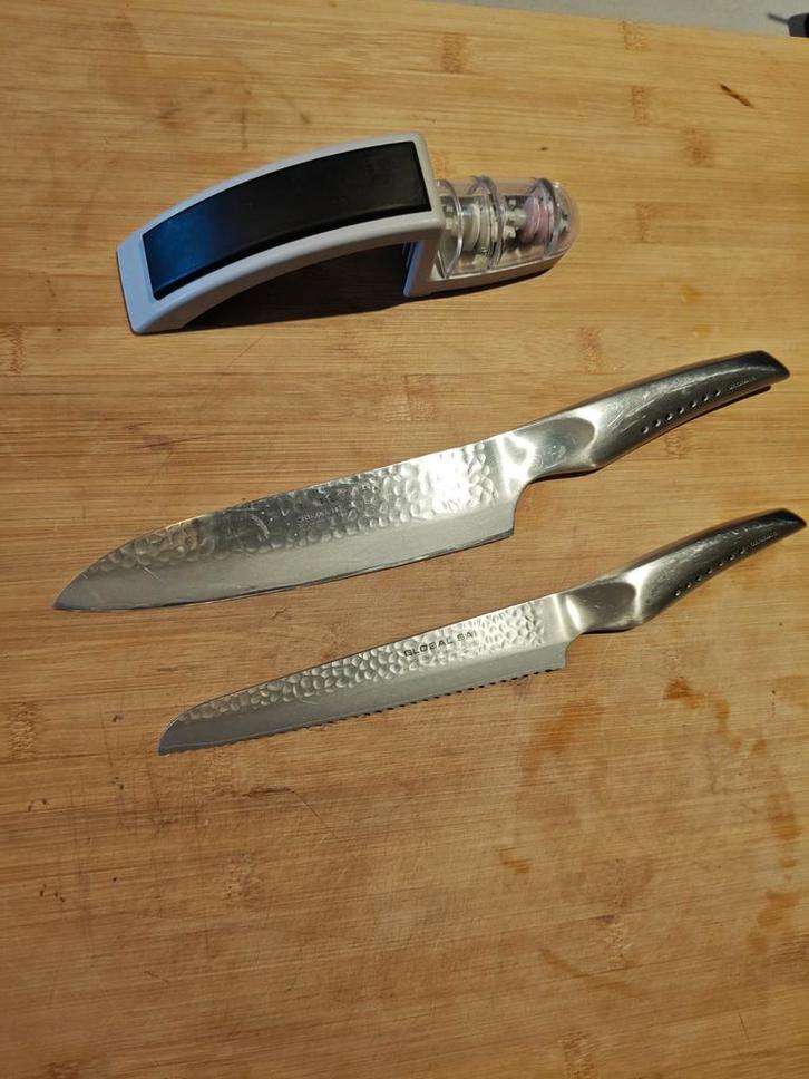 Global Sai Messen + Minosharp messenslijper, Huis en Inrichting, Keuken | Bestek, Rvs of Chroom, Ophalen of Verzenden