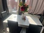 Eettafel met 4 stoelen en bankje, Ophalen, Gebruikt, 100 tot 150 cm, Vijf personen of meer