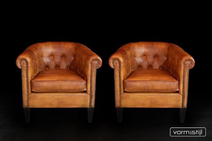 Gecapitonneerde chesterfield clubfauteuils in schapenleer, Huis en Inrichting, Fauteuils, Nieuw, Leer, 75 tot 100 cm, 75 tot 100 cm