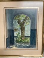 Aquarel binnenplaats met boom gesigneerd Aernout Mik 1989, Antiek en Kunst, Kunst | Schilderijen | Modern, Ophalen of Verzenden