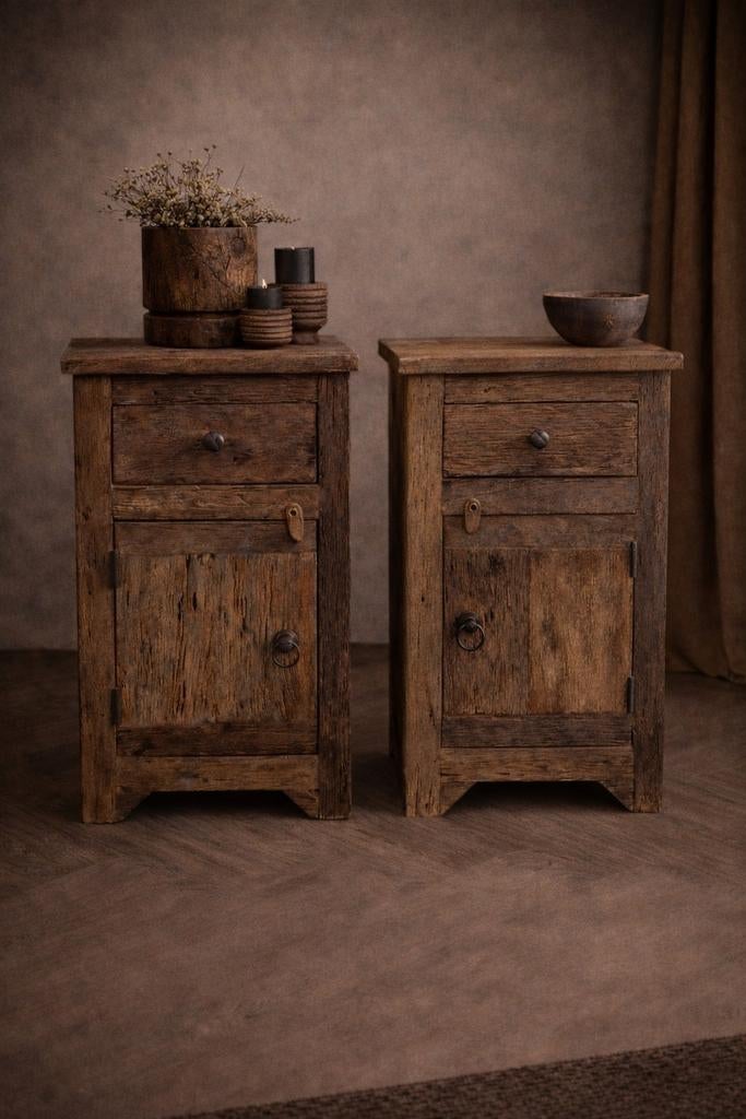 Set van 2 landelijke houten nachtkastjes, Ophalen, Minder dan 45 cm, Nieuw, 70 cm of meer