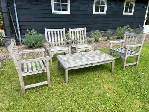 Teak & Garden 4 blok stoelen en tafel teakhout vergrijsd, Tuin en Terras, Tuinsets en Loungesets, Gebruikt, Tuinset, Teakhout