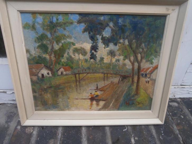 Mooi Klein Indonesisch schilderijtje Watertje +personen, Antiek en Kunst, Kunst | Schilderijen | Klassiek, Ophalen