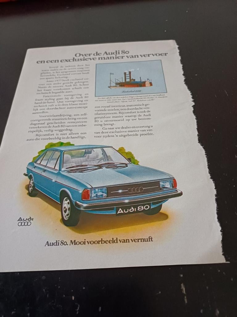 Advertentie van Audi 80 blauw 1977, Verzamelen, Ophalen of Verzenden, Zo goed als nieuw, Auto's