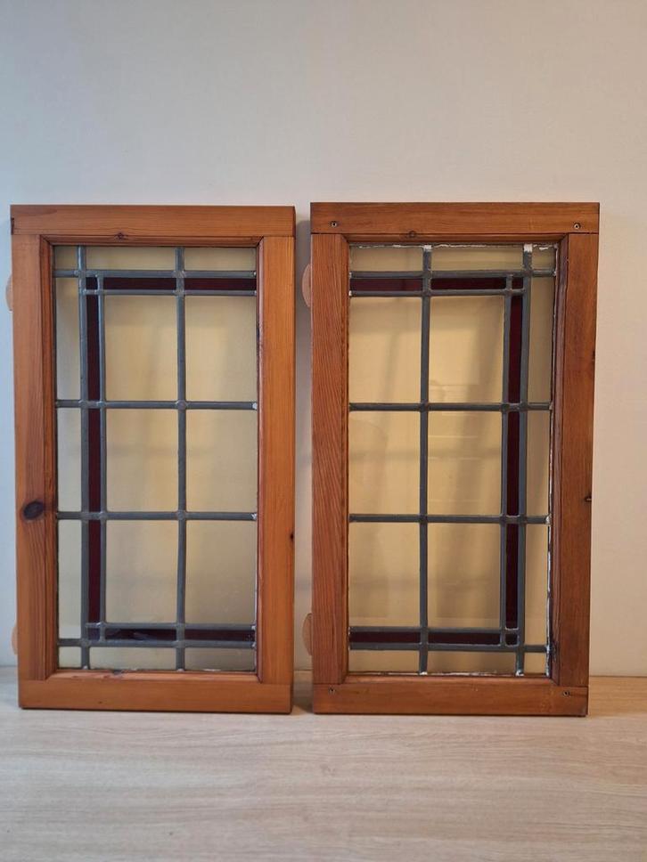 Vier houten ramen met glas in lood, Doe-het-zelf en Verbouw, Glas en Ramen, Gevelraam of Ruit, Minder dan 80 cm, Minder dan 80 cm