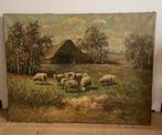 Grof opgezet gesigneerd schilderij schapen schaapsstal bomen, Antiek en Kunst, Ophalen of Verzenden