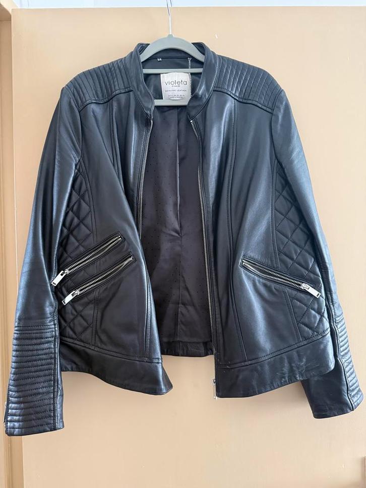Zwarte Leren Jas - Violeta by Mango, Kleding | Dames, Jassen | Zomer, Zo goed als nieuw, Maat 36 (S), Zwart, Ophalen of Verzenden