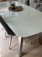Eettafel Xooon melkglas met 6 grijze eetkamerstoelen, Ophalen, 200 cm of meer, Zo goed als nieuw, Vijf personen of meer