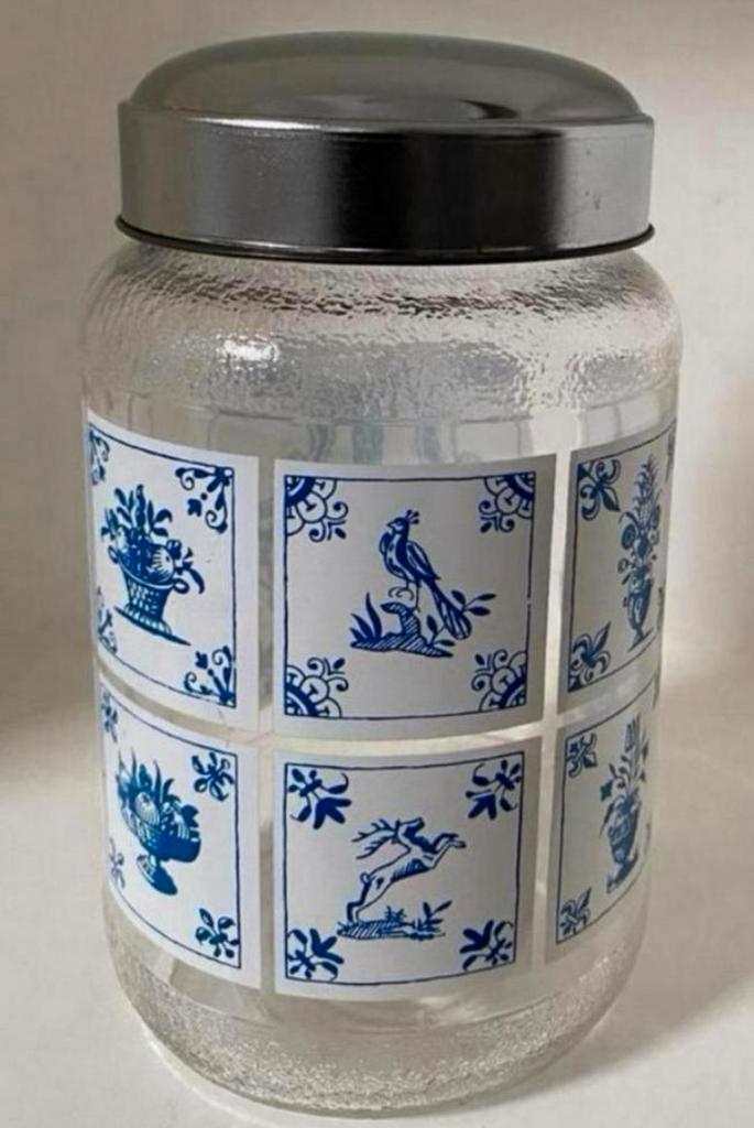 Glazen voorraadpot van Nescafé met blauwe print.H. 16 cm, Huis en Inrichting, Keuken | Servies, Zo goed als nieuw, Overige typen