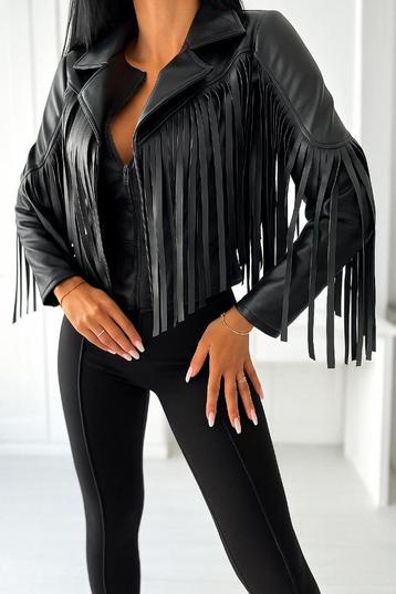 Zwarte fringe biker jacket (imitatieleer) – open model beschikbaar voor biedingen
