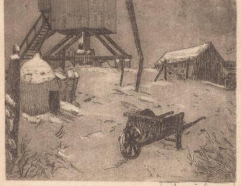 Ets. Met molen, kruiwagen in de sneeuw. Signatuur onleesbaar, Antiek en Kunst, Kunst | Etsen en Gravures, Ophalen of Verzenden