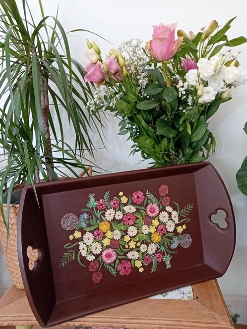 Vintage Fleurige Dienblad, Huis en Inrichting, Woonaccessoires | Dienbladen, Hout, Rechthoekig, Ophalen of Verzenden