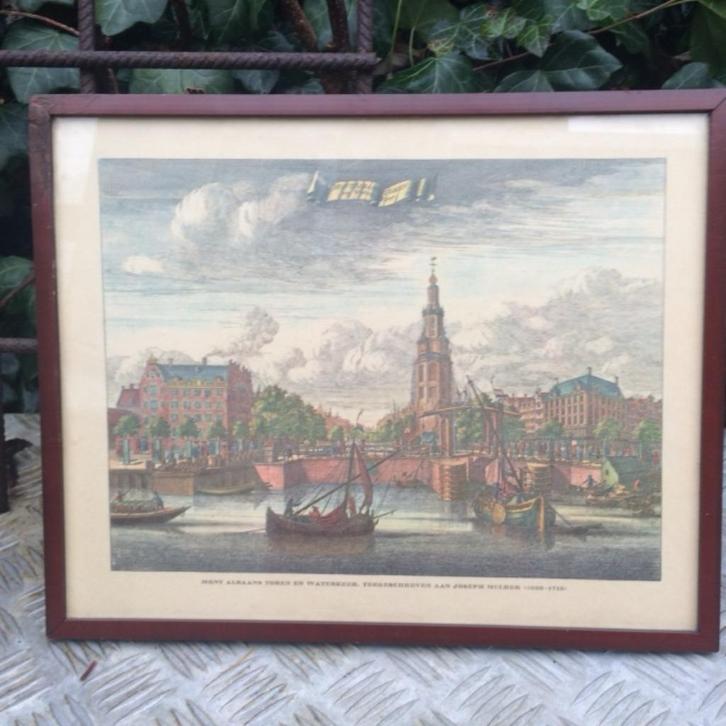 nette ingelijste ets/gravure/prent Montelbaanstoren A'dam, Antiek en Kunst, Kunst | Etsen en Gravures, Ophalen of Verzenden