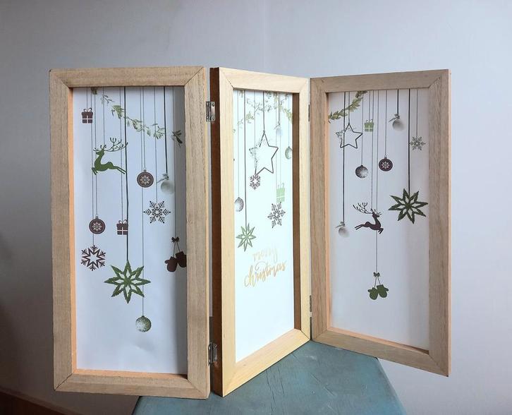 Wit kerst drieluik / mini kamerscherm met groen-bruin-goud, Diversen, Kerst, Zo goed als nieuw, Ophalen of Verzenden