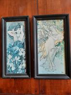 2 schilderijtjes Mucha, art nouveau op hardboard, Antiek en Kunst, Antiek | Woonaccessoires, Ophalen of Verzenden