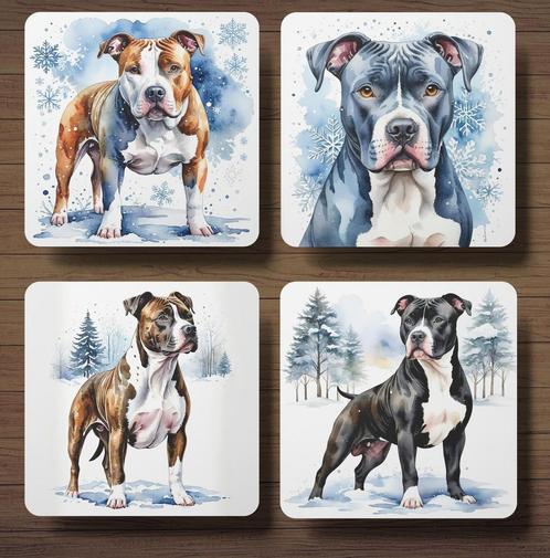 American Staffordshire Terriër Winter onderzetters + houder, Huis en Inrichting, Woonaccessoires | Onderzetters, Nieuw, Glas of Kopje