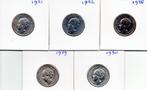 WILHELMINA SET 1/2 GULDENS 1921 T/M 1930  5 STUKS ZILVER, ½ gulden, Setje, Zilver, Ophalen of Verzenden
