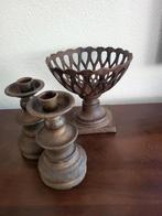 Metalen kandelaarthes en gietijzeren schaal op pootje, Antiek en Kunst, Curiosa en Brocante, Ophalen of Verzenden