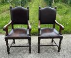 2 Antieke eiken fauteuils met leder, Ophalen, Gebruikt, Bruin, Eén