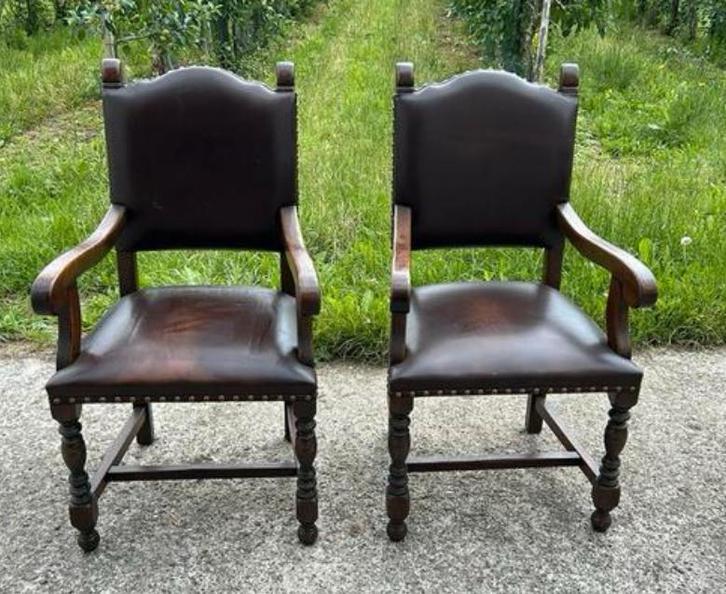 2 Antieke eiken fauteuils met leder, Huis en Inrichting, Stoelen, Gebruikt, Eén, Hout, Bruin, Ophalen