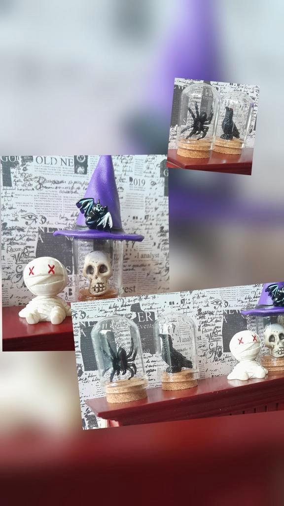 🕷 PPH 1.12 GLAZEN STOLPJES MET HALLOWEEN TENTOONSTELLING 🕷, Verzamelen, Poppenhuizen en Toebehoren, Zo goed als nieuw, Poppenhuis