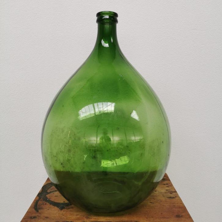Grote glazen Dame Jeanne vaas wijnfles, gistfles glas 407, Huis en Inrichting, Woonaccessoires | Vazen, Gebruikt, Groen, Glas
