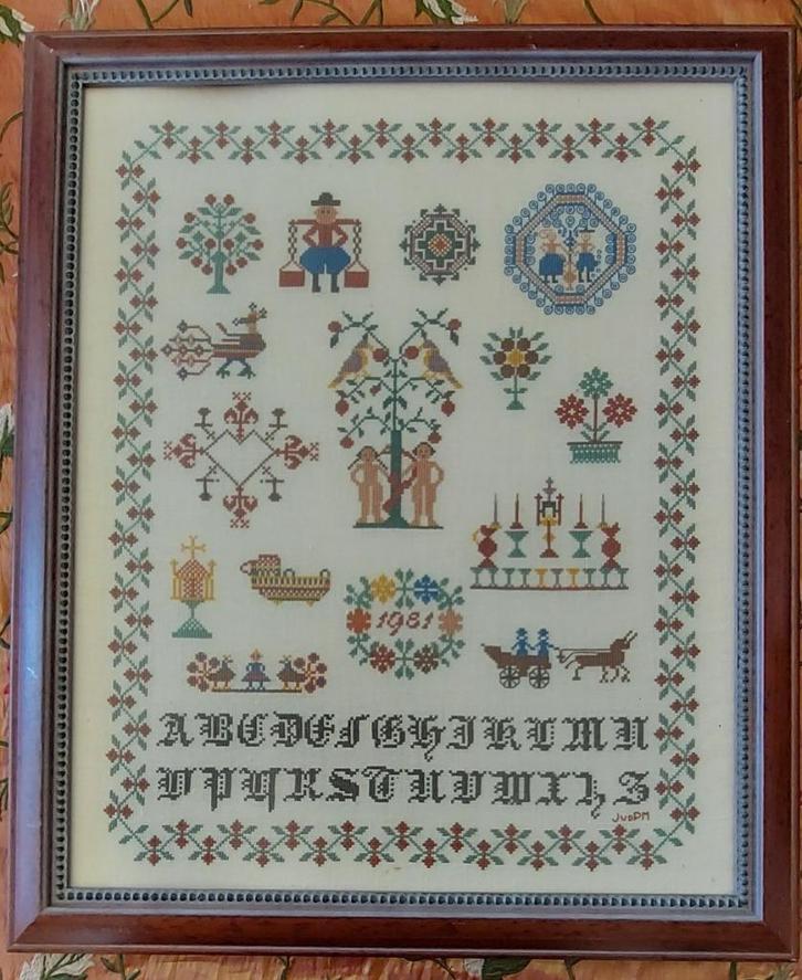 Oude merklap ingelijst, Antiek en Kunst, Antiek | Kleden en Textiel, Ophalen of Verzenden