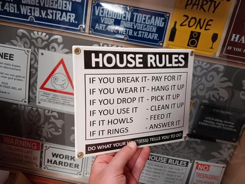 Emaille Bordje - House Rules - Nieuw, Antiek en Kunst, Antiek | Wandborden en Tegels, Ophalen of Verzenden