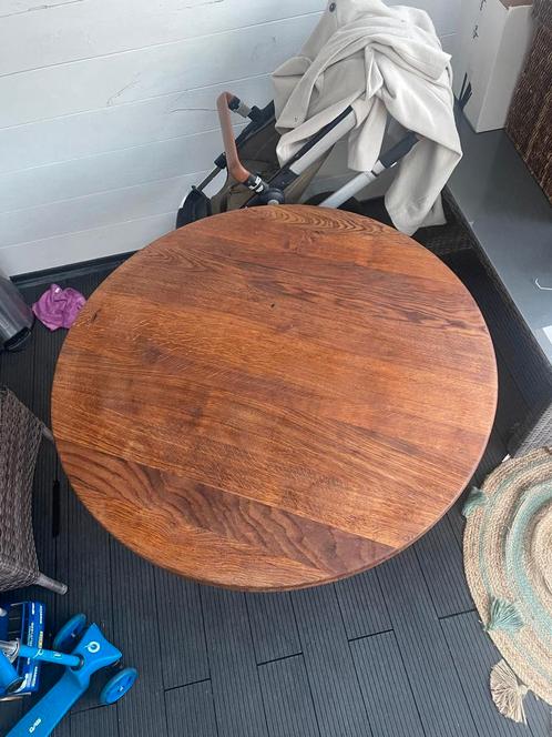 Ronde eettafel met massief eiken houten blad, Huis en Inrichting, Tafels | Eettafels, Zo goed als nieuw, 100 tot 150 cm, 100 tot 150 cm