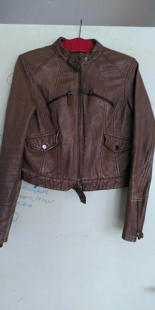 Leren jasje, bruin, kort, vintage, rits en 4 zakken, S, Kleding | Dames, Jassen | Zomer, Gedragen, Maat 36 (S), Bruin, Ophalen of Verzenden