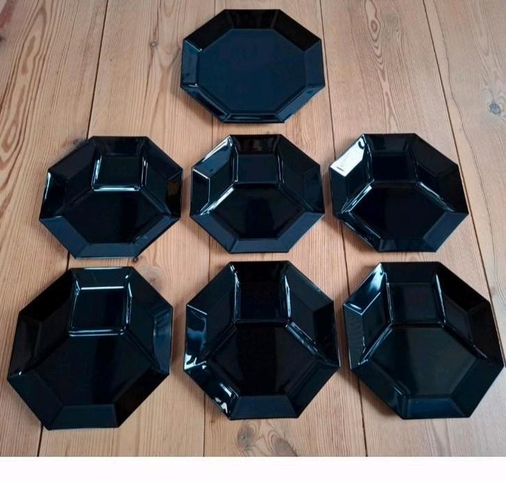 6x Vintage zwarte "Arcoroc" fondueborden + 1x Serveerschaal., Antiek en Kunst, Antiek | Servies los, Ophalen