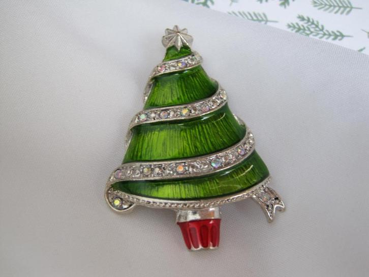 Broche kerstboom groen emaille en aurora steentjes, Diversen, Kerst, Zo goed als nieuw, Verzenden